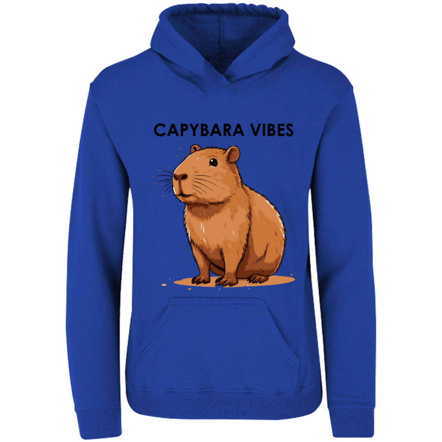 Capybara vibes; hoodie con capucha diseño de Capybara; sudadera con gorro para el frío, ilustración digital divertida, moda uniex. 