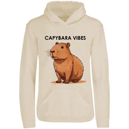 Capybara vibes; hoodie con capucha diseño de Capybara; sudadera con gorro para el frío, ilustración digital divertida, moda uniex. 