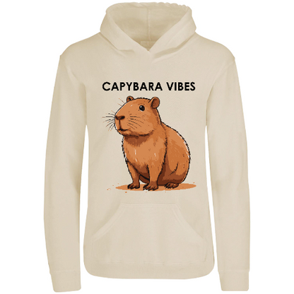 Capybara vibes; hoodie con capucha diseño de Capybara; sudadera con gorro para el frío, ilustración digital divertida, moda uniex. 