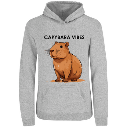 Capybara vibes; hoodie con capucha diseño de Capybara; sudadera con gorro para el frío, ilustración digital divertida, moda uniex. 