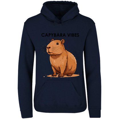 Capybara vibes; hoodie con capucha diseño de Capybara; sudadera con gorro para el frío, ilustración digital divertida, moda uniex. 