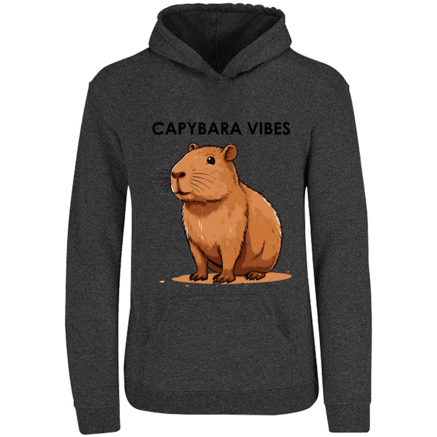 Capybara vibes; hoodie con capucha diseño de Capybara; sudadera con gorro para el frío, ilustración digital divertida, moda uniex. 