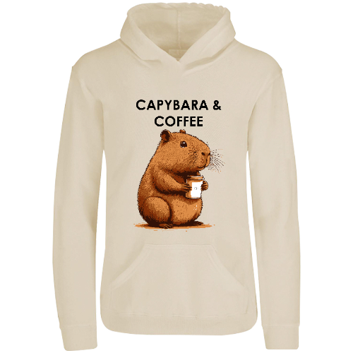 Sudadera con capucha y estampado de capybara bebiendo café; dibujo e ilustración divertidad. Hoodie con capucha e impresión. Moda unisex. Kapibara & Coffee. Ropa y accesorios. 