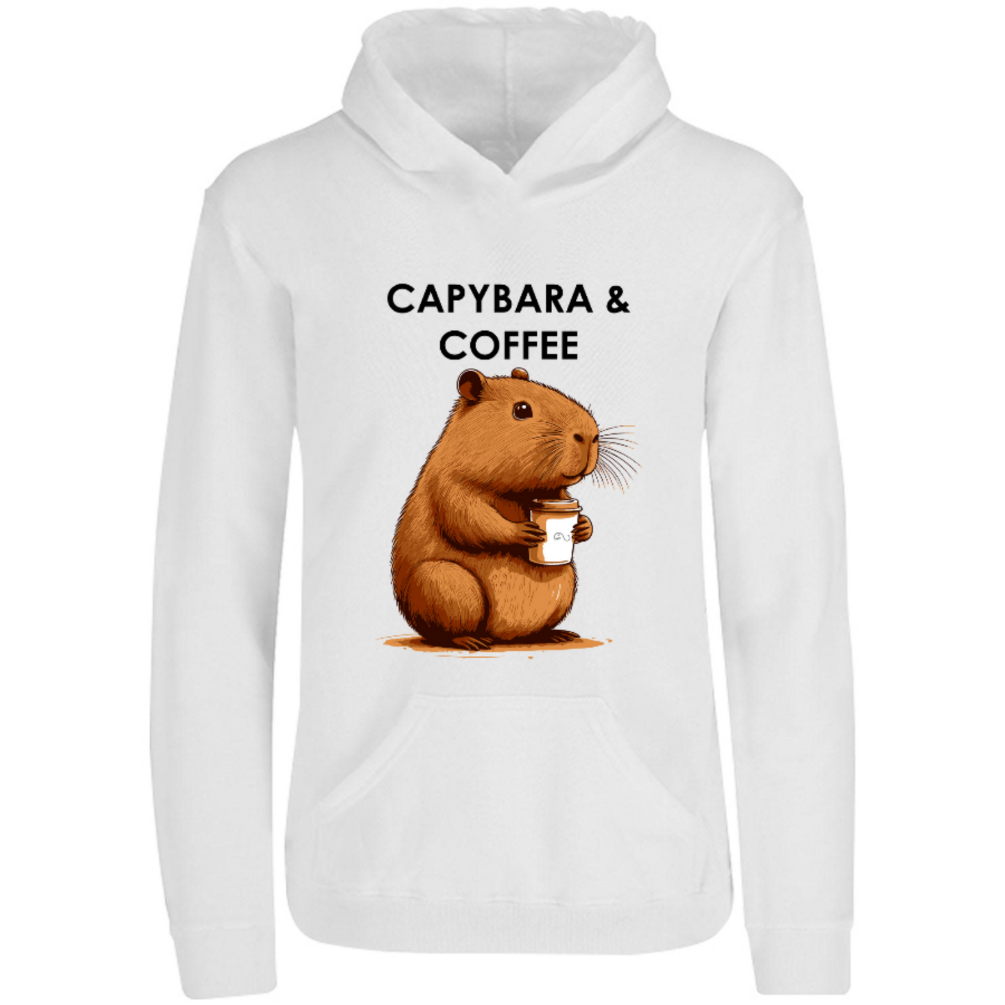 Sudadera con capucha y estampado de capybara bebiendo café; dibujo e ilustración divertidad. Hoodie con capucha e impresión. Moda unisex. Kapibara & Coffee. Ropa y accesorios.