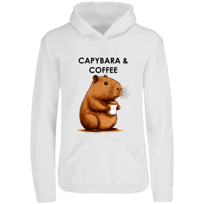 Sudadera con capucha y estampado de capybara bebiendo café; dibujo e ilustración divertidad. Hoodie con capucha e impresión. Moda unisex. Kapibara & Coffee. Ropa y accesorios.