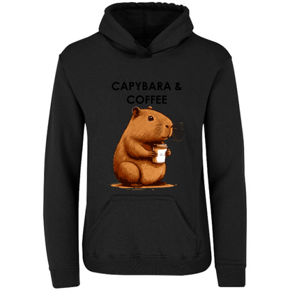 Sudadera con capucha y estampado de capybara bebiendo café; dibujo e ilustración divertidad. Hoodie con capucha e impresión. Moda unisex. Kapibara & Coffee. Ropa y accesorios.