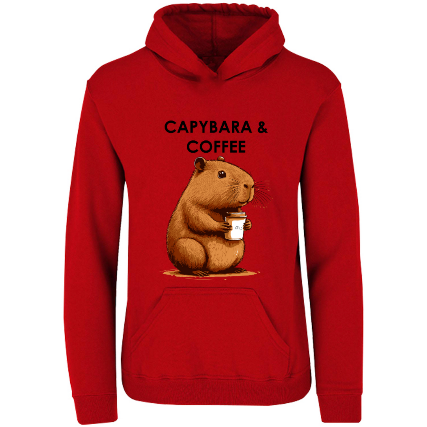 Sudadera con capucha y estampado de capybara bebiendo café; dibujo e ilustración divertidad. Hoodie con capucha e impresión. Moda unisex. Kapibara & Coffee. Ropa y accesorios.